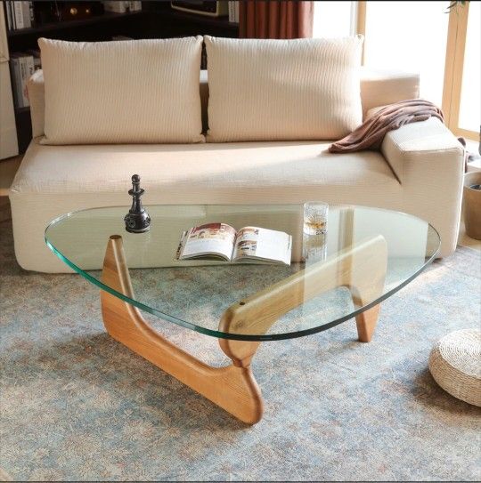 Triangle Glass Top Coffee Table with Solid Wood Base – Modern Living Room Accent Table