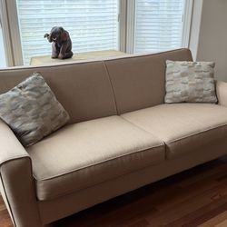 Tan/light green large sofa with pillows