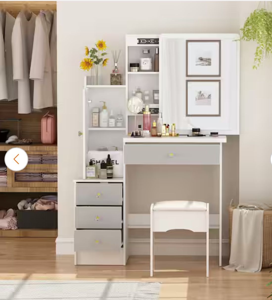 4-Drawers Gray Wood Makeup Vanity Table Stool Set Rectangle Mirror with Storage Shelves