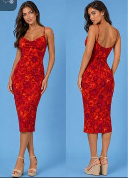 Red Floral Fitted Midi Dress – Size 4