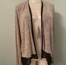 Bar III Gray Black Marled Knit Open-Front Cardigan with Chiffon Trim