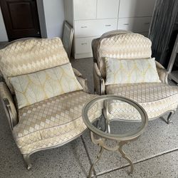Elegant Pair of Beige Armchairs with Matching Side Table