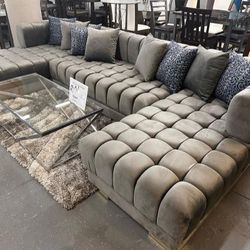 New/ Gray Velvet Double Chaise Sectional, Seccional, Couch, / l