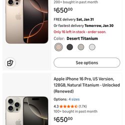 UNLOCKED iPhone 16 Pro 128GB $629 or $60 Down!