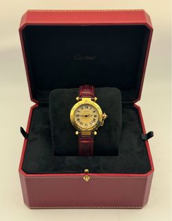 Pasha de Cartier 18k yellow gold Automatic 35mm Burgundy Leather Band 1035 Smooth Bezel Ivory Roman Dial 18k Deployment Buckle Watch box appraisal