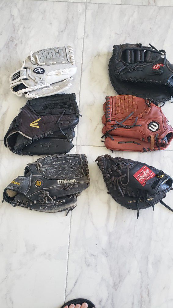 Baseball Glove (Lot of 6) Catchers, First Baseman, Outfielder Gloves 