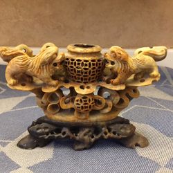 Antique Asian Hand Carved Soapstone Foo Dog Incense Holder