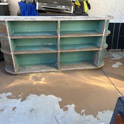 Awesome, solid wood vintage turquoise rustic console/sideboard/entry table/bookcase 72 inches long36 Tall x11.5deep