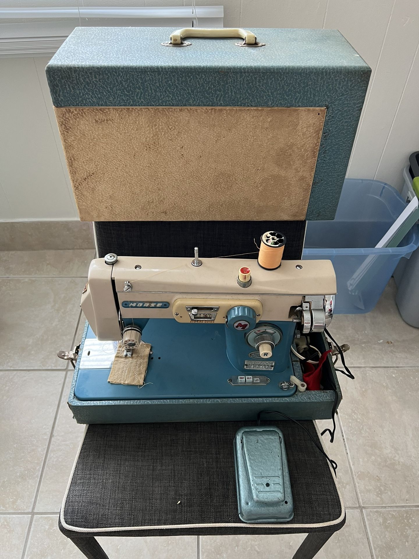 Antique vintage made in USA MORSE SEWING MACHINE With Original Carrying Case and the Sewing Machine Foot Pedal Speed Control Power Cord