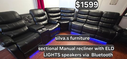 Sectional manual recliner with speakers Bluetooth and eld lights