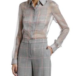 NWT Giorgio Armani Plaid Chiffon Button Front Classic Blouse