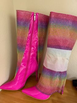 Cape robbin pink Rainbow Rhinestone knee-High boots stiletto