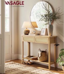 Console Table, 2 Drawers, Open Storage Shelf, Rounded Corners Boho Entryway Table, Narrow Sofa Table, Behind Couch Table, for Living Room, Oak Beige,