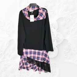 Nextmia New w Tag Asymmetrical Black; Black Lace; Red, Navy, White Plaid Layers Dress Women 18 (Fits Like q 14) 