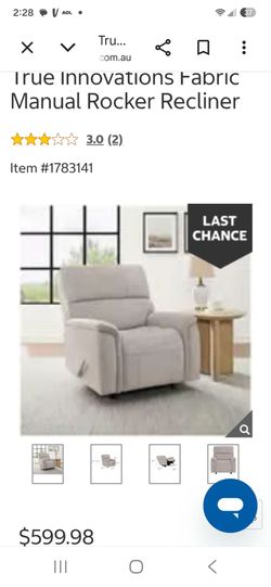 Like new True Innovations Fabric Manual Rocker Recliner. Sells at costco for $600 plus tax