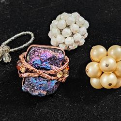 Set Of Four Stretch Rings Mostly Vintage - Including Cluster Faux Pearl Ring And More 