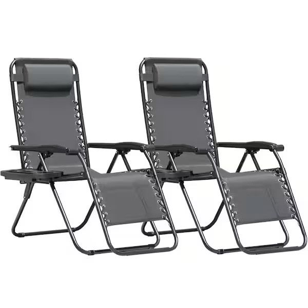 2-Piece Light Gray Zero Gravity Black Metal Lawn Chair Set Adjustable Folding Beach Chair with Pillows and Cup Holders brand new in box $65