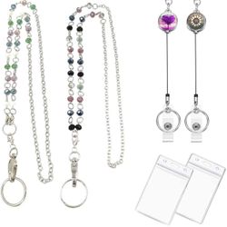 Badge Reel Lanyard Necklace with ID Holder 2 Sets Retractable Badge Reel Stainless Steel Chain Necklace with Balled Beads for Women Nurse Teacher