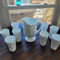 Vintage Indiana Glass Harvest Milk Glass Pitcher & 8 Glasses Set