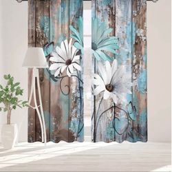 Teal White Daisy Floral Curtains 2pk