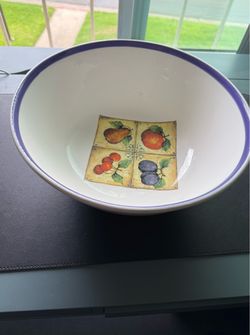Big 5” X 12” Kitchen Fruit Bowl. Deep and Wide. White & Blue. Made in Italy