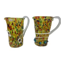 Vintage 2pc RARE Murano Design Venezia Blown Glass Pitchers Confetti Appliqué 3D