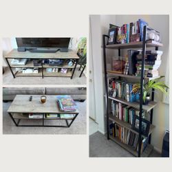 Modern Gray and Black 3-Piece Living Room Set: TV Console, Coffee Table, Bookshelf