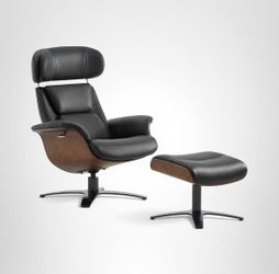 NEW - CHITA Genuine Leather Reclining Swivel Chair with Adjustable Headrest and Ottoman for Living Room, Black