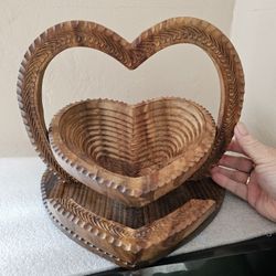 Vintage Wood Heart Shaped Fruit Bowl Basket Handmade Spiral Cut and Collapsible