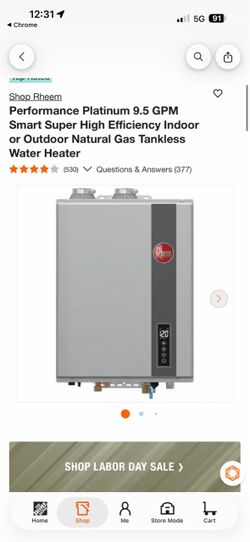 Rheem Performance Platinum 9.5 GPM Smart Super High Efficiency Indoor or Outdoor Natural Gas Tankles $699