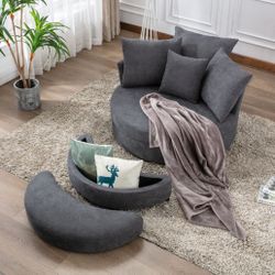 360° Swivel Accent Barrel Chair with Half Moon Shape Storage Ottoman & 4 Pillows,Modern Linen Leisure Chair with Soft Cushions,Round Club Lounge Chair
