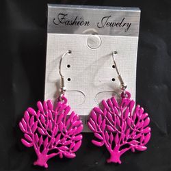 Hot Pink Tree of Life Dangle Earrings Womens Statement Nature Boho Jewelry