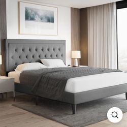 Queen size Upholstered Bed Frame with Adjustable Headboard, Wood Slat Support