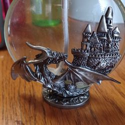 Dragon & Castle Oil Lamp: Pewter And Glass 