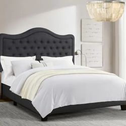Dark Gray Wood Frame King Modern Upholstered Platform Bed with Curved Tufted Headboard