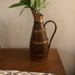 European Vintage Copper & Wood Vessel Vase