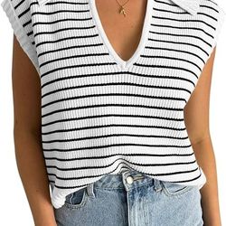 Women's Ribbed Tank Top - Lapel Collar Striped Sweater Vest, M