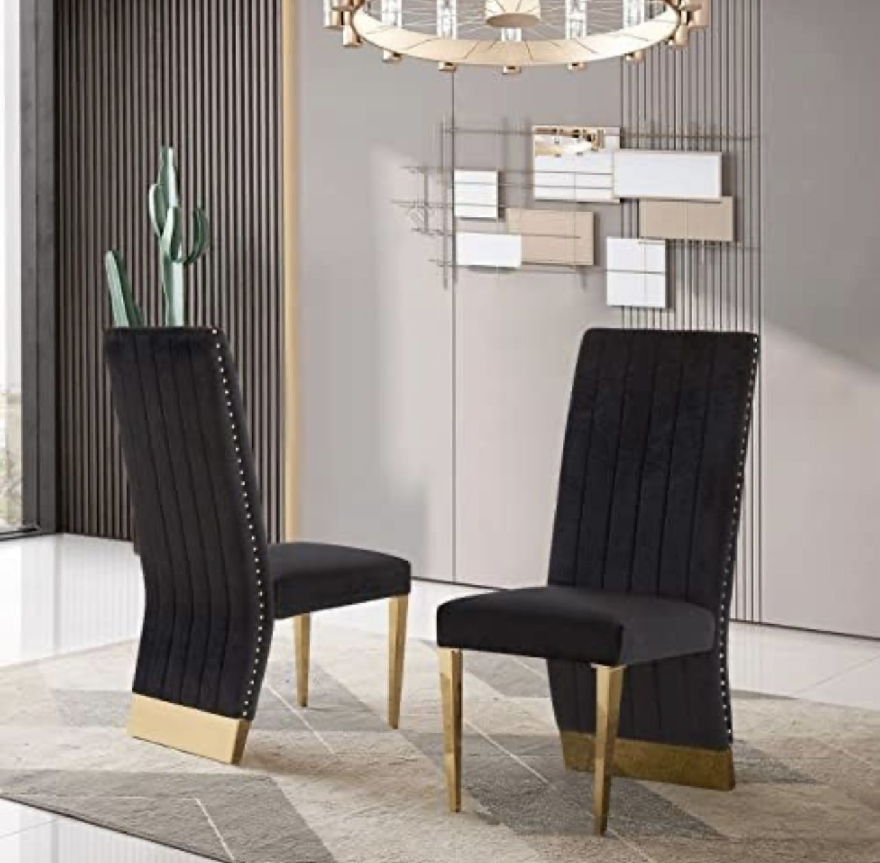 Set Of 2, Modern Channel High Back Dining Chairs with Nailhead Trims and Polished Metal Legs Black/Gold