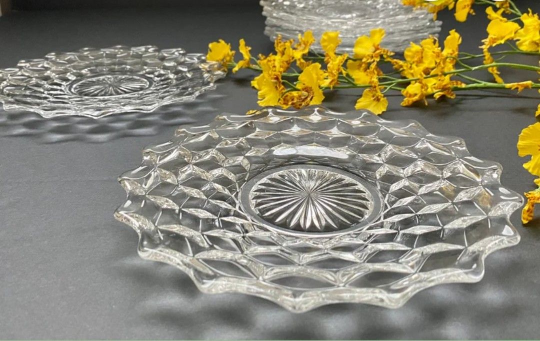 Vintage Glass Dessert Plates, Fostoria American Salad/Dessert/Appetizer Dish, Cubist Style Geometric Pattern set of 9