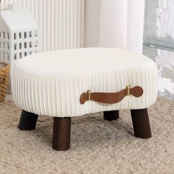 Curved Foot Stool with Handle, CreamVelvet Footstool and Ottomans, Modern Foot Rest with Wooden Legs, Step Stool with Padded Seat for Couch, Living Ro