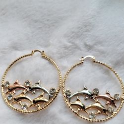 Tri Color With Diamond Dolphins Hoop Earrings 