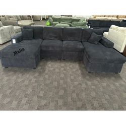 Black corduroy double chaise sectional sofa