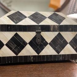 Vintage Tesselated Black Ebony and Ivory Tiled Brass Footed Lidded 