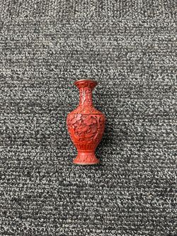 A Beautiful Vintage Chinese Red Cinnabar Lacquered Vase W/Blue Enamel