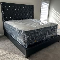 Brand New Black Upholstered Diamond Tufted King And Queen Size Bed Frame - Mattress + Box Spring | Pay After Delivery 🚚 