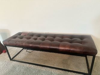 New & Unused Tufted Brown Leather Bench – Modern Black Metal Frame