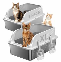 XL Stainless Steel Cat Litter Box 2 Pack with Scoops