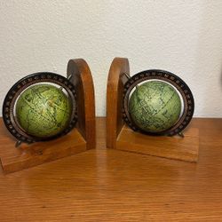 Vintage Mini Globe Book Ends / Wood / Spinning Globes 
