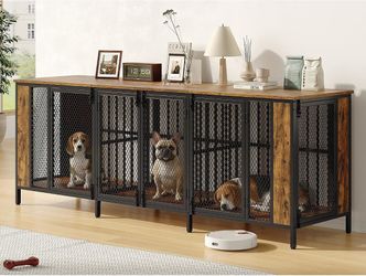87'' Heavy Duty Dog Crate Furniture, Indoor Dog Kennel TV Stand with 3 Room and 6 Lockable Door, Pet Crate Table with 2 Removable Divider and Adjustab