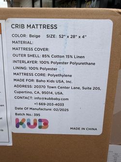 KUB Baby & Toddler Crib Mattress, Organic Breathable Fabric Cover & High Density Support Air Fiber, Removable and Washable Cover, 4" Firm Soft Crib Ma